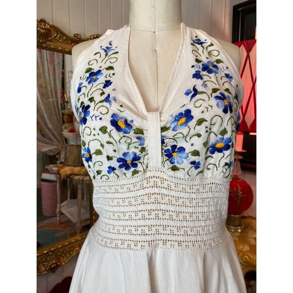 vintage 1970s embroidered cotton halter dress 70s sundress hippie festival med - Picture 2 of 8